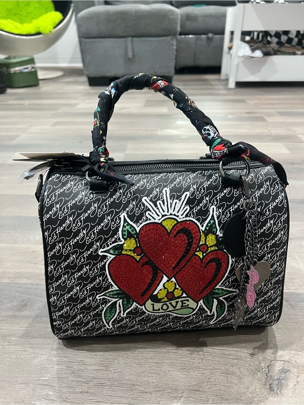 Ed Hardy Black & Red Love Hearts Top-Handle Shoulder Bag